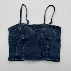 American Flirt Womens Acid Wash Denim Bustier Crop‎ Top Blue Smocked Back Small